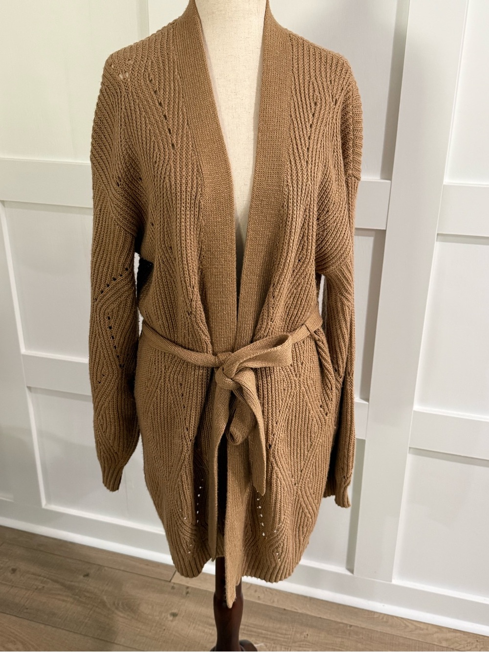 Camel Open Knit Belted Cardigan Sweater Size L